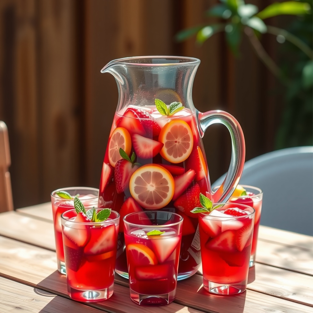 A pitcher of colorful strawberry sangria with strawberries and citrus slices, served in glasses on a wooden table.